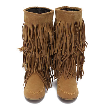 Les femmes glands couches de franges bottes à talons plats décoration mi-mollet chaussures&nbsp;